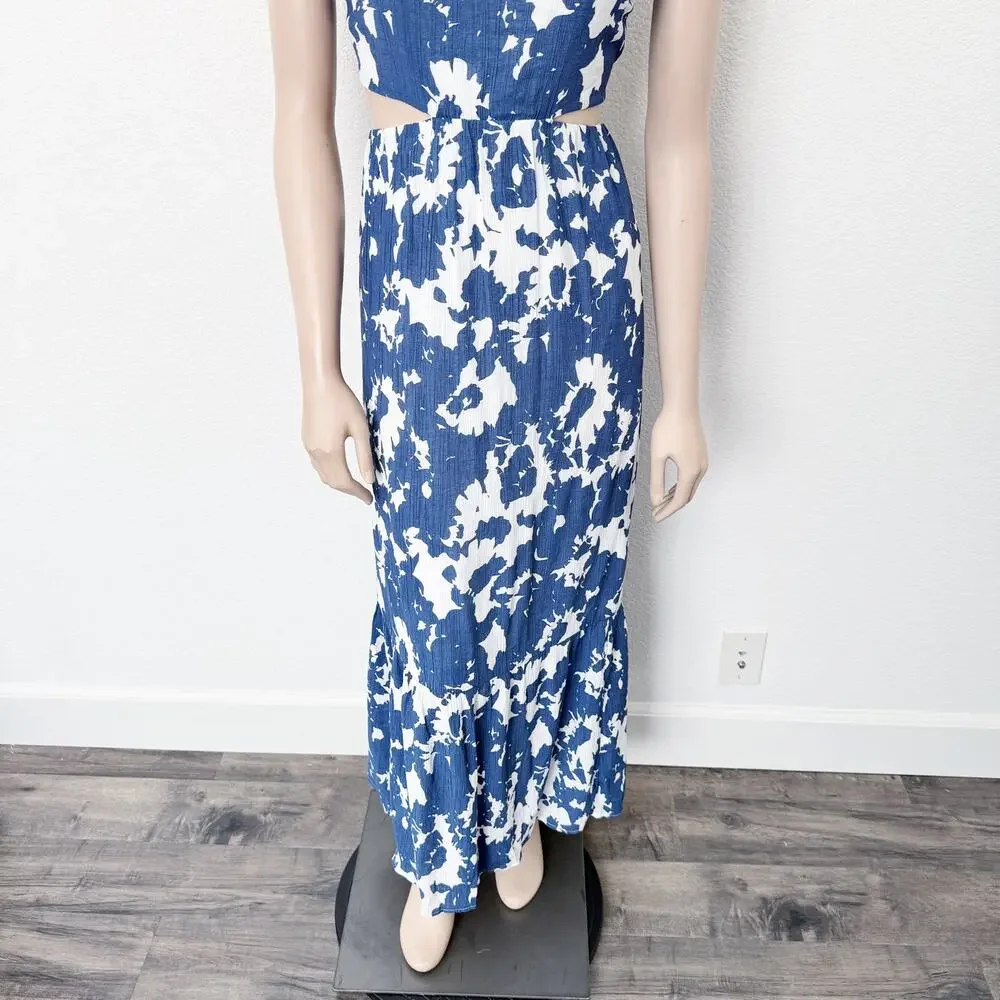 [Abercrombie & Fitch] Blue Crinkle Cutout High Neck Maxi Dress Pockets Size XLP